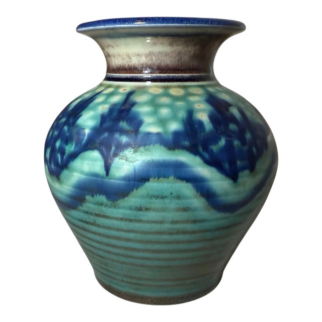 Share Original John Preschutti Graeagle Oktoberfest 97 Blue Glazed Pottery Vase For Sale
