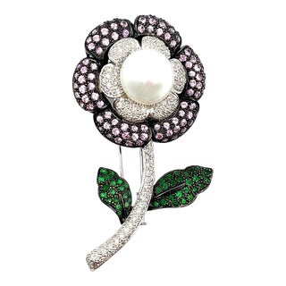 Late 20th Century 2.42 Ct Natural Tourmaline, Tsavorite & Diamond Brooch For Sale
