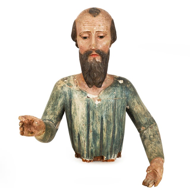 LARGE POLYCHROMED WOOD SANTOS FIGURE OF A MALE SAINT Probably Spanish Colonial, 18th century 21 1/2" H x 5 1/2" D x 21" W...