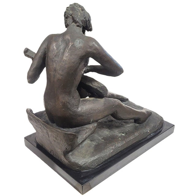 Metal Vintage American Mid-Century Modern Bronze Sculpture Girl Playing Guitar by Weiner For Sale - Image 7 of 18