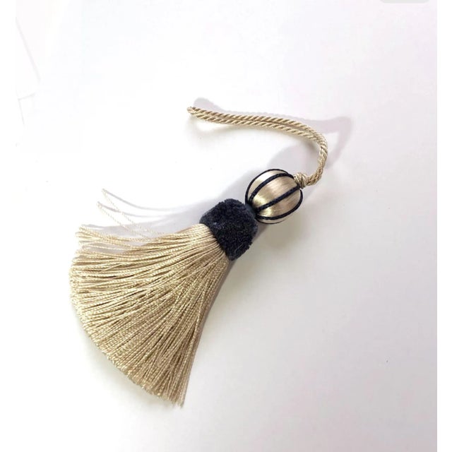 French Country Petite Blue and White Beaded Key Tassel With Velvet Ruche For Sale - Image 3 of 15