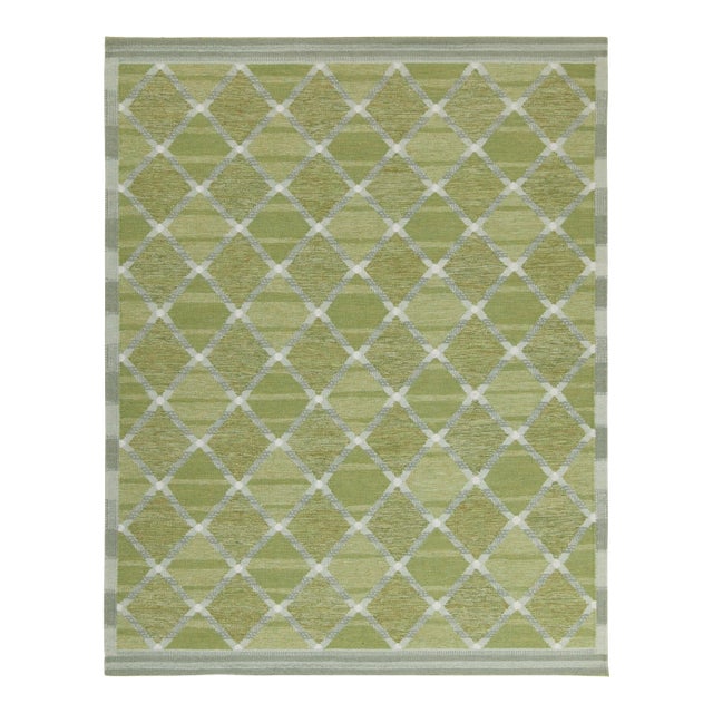 Rug & Kilim’s Scandinavian Style Custom Kilim in Green and Gray Lattice Pattern - 10x14 For Sale