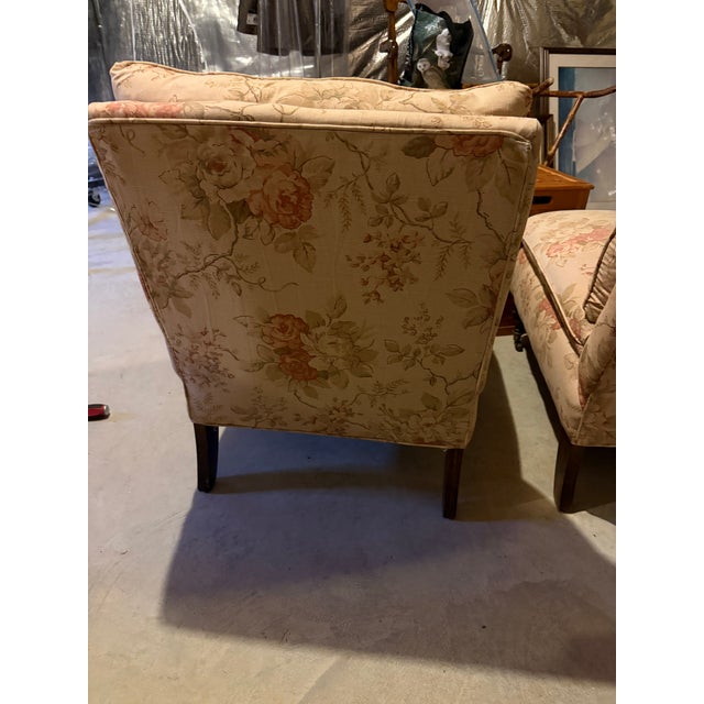 Blush Pair of Vintage Floral Slipper Chairs With Turned Legs & Brass Casters For Sale - Image 8 of 17