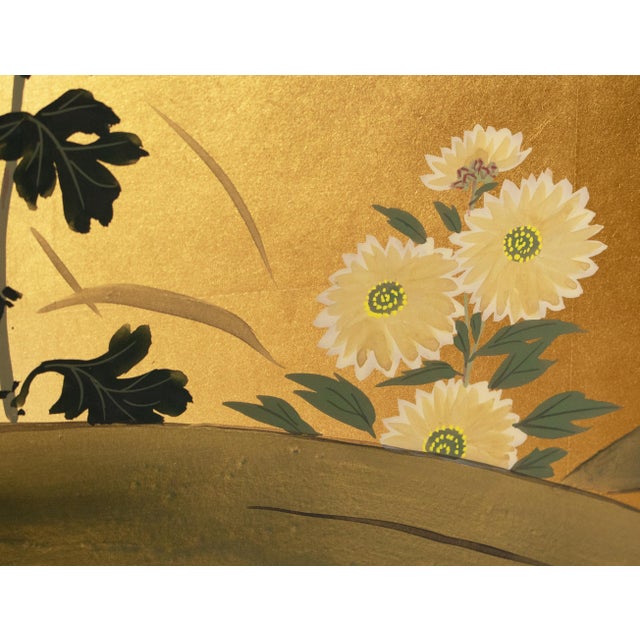 Wood "Chrysanthemums, Rose Mallow and Bush Clover" by Shunsui, Showa Japanese Byobu Screen For Sale - Image 7 of 18
