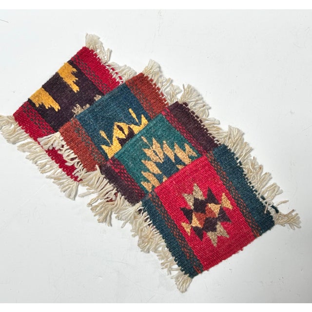 Vintage Southwestern Woven Wool Coasters With Fringe, Set of 4 For Sale - Image 4 of 7
