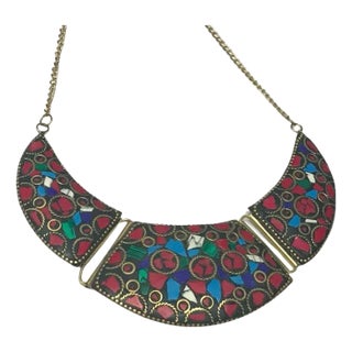 Art Deco Style Mosaic Natural Stone Red & Blue & Green With Copper Inlay For Sale