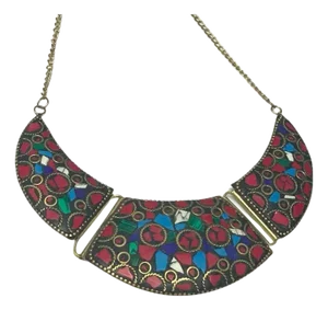 Art Deco Style Mosaic Natural Stone Red & Blue & Green With Copper Inlay