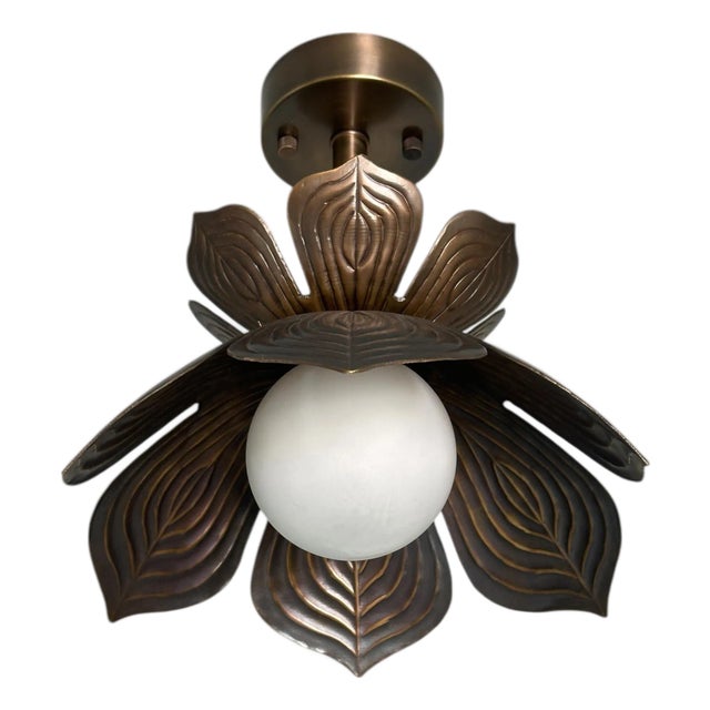 Floral Brass Ceiling Light - Flush Mount Fixture With Frosted Globe For Sale