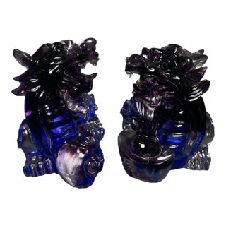 Pair of Vintage Chinese Purple Glass / Liuli Kirin Sculptures - Feng Shui Wealth Guardians For Sale