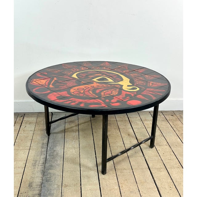 Vintage Round Graphic Red and Yellow Ceramic Coffee Table, 1960s For Sale - Image 9 of 12