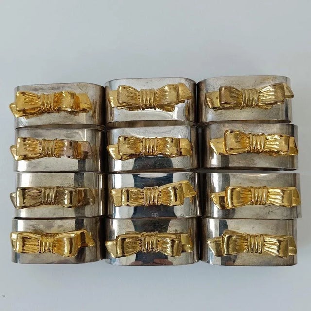 Mid-Century Napkin Rings from the 1970s. Made by Audrey China Co. Oval Silverplated Rings w/goldtone Bows Set of 12 Great...