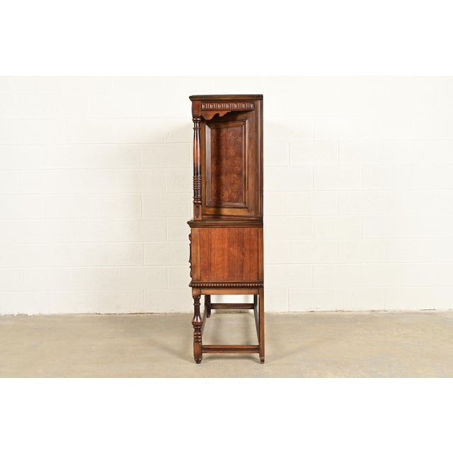 Berkey & Gay Antique English Tudor Carved Walnut and Burl Wood Bookcase or Bar Cabinet, Circa 1920s For Sale - Image 15 of 17