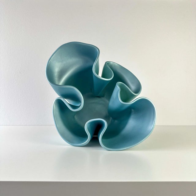 Teal Keith Fortley Handmade Trompe L'œil Handkerchief Decorative Ceramic Bowl For Sale - Image 8 of 12