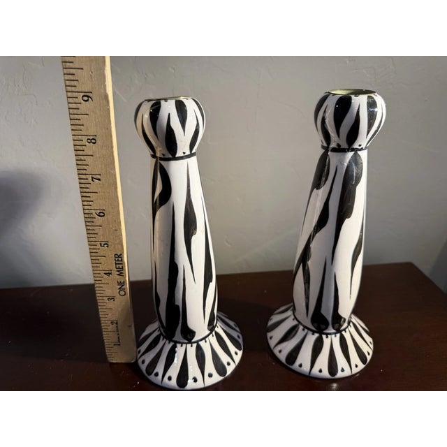 Mid-Century Modern Vintage Evandale Pair 9” Porcelain Handpainted Black/White Noble Signed Candleholders-Pair For Sale - Image 3 of 6