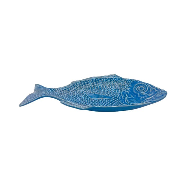 Contemporary 1980s Vintage Bordallo Pinheiro Blue Ceramic Fish Serving Platter Dish, Portugal For Sale - Image 3 of 12