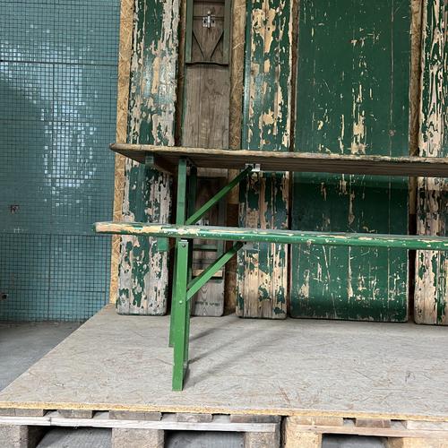 1950’s green ex army large french folding bench & table set. These unique sets are made from solid pitch pine, they have...