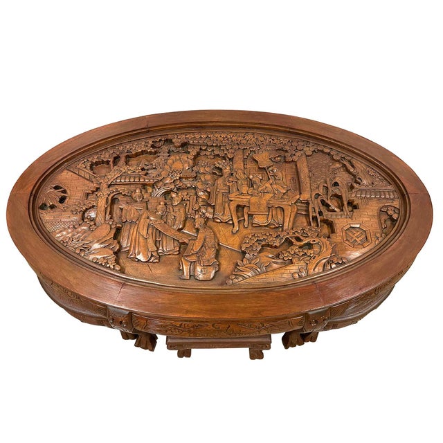 Wood Mid-20th Century Chinese Massive Oval Carved Coffee Table With 6 Nesting Stools For Sale - Image 7 of 12