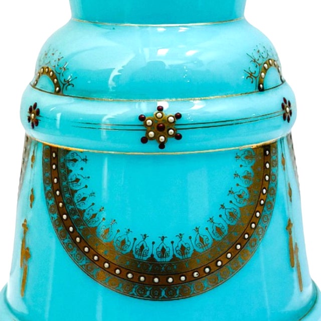 Mid 19th Century Antique 19th Century French Blue Celeste Opaline Glass Vase With Hand-Painted Jeweled Enamel For Sale - Image 5 of 9