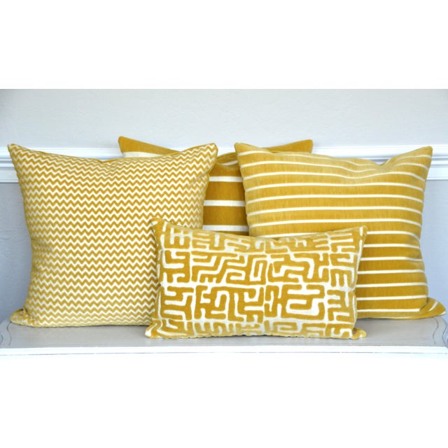 2020s FirmaMenta Ochre Small Stripes Raffia Style Cotton Velvet Square Pillow For Sale - Image 5 of 7