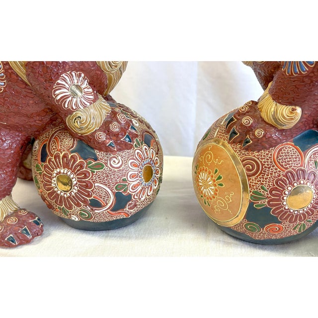 Gold Vintage Japanese Pottery Kutani Foo Dogs in Cinnabar and Gold Colors- A Pair For Sale - Image 8 of 12