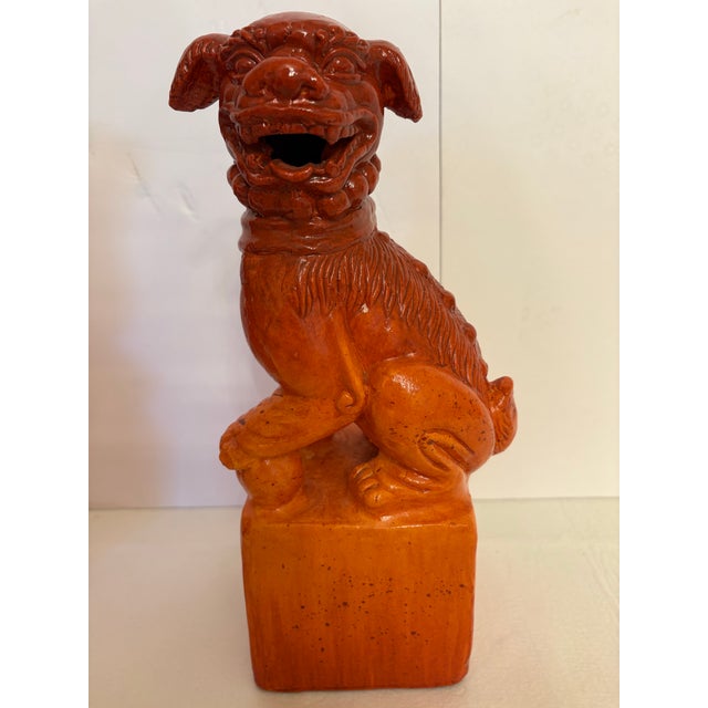 Chinoiserie Vintage Mid-Century Terracotta 12.5-Inch Orange Foo Dogs - A Pair For Sale - Image 3 of 5