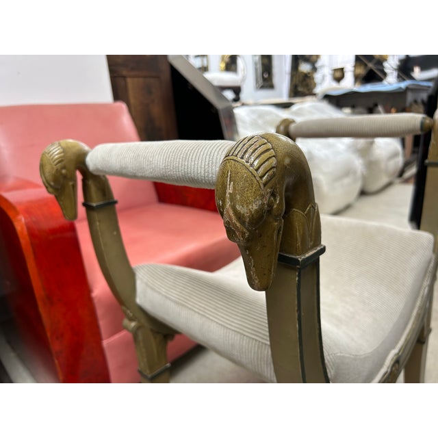 French Directoire Style Bench. This lovely French Directoire bench or stool painted a gray/green color with dark blue...