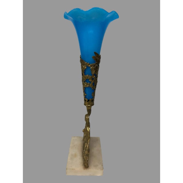 Antique Victorian Cast Metal & Art Glass Epergne Vase Offering a Victorian art glass epergne vase with ruffled rim set...