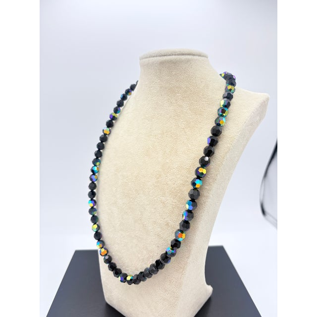 Mid-Century Modern Luxury Jet‑Black Ab Czech Glass Necklace W 14k Ball Clasp • Mid‑Century European For Sale - Image 3 of 13
