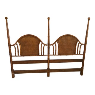 Walnut American of Martinsville Vintage Faux Bamboo and Wicker Queen Size Headboard For Sale