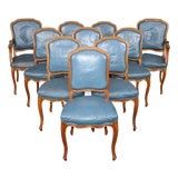 French Louis XV Style Walnut and Leather Set of 10 Dining Chairs C. 1940s For Sale