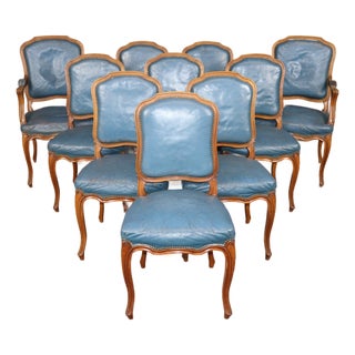 French Louis XV Style Walnut and Leather Set of 10 Dining Chairs C. 1940s For Sale