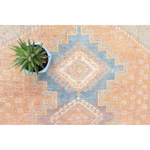 Contemporary 1940s Vintage Medallion Geometric Floral Apricot & Blue Hand-Knotted Rug- 4’2” x 5’4” For Sale - Image 3 of 11
