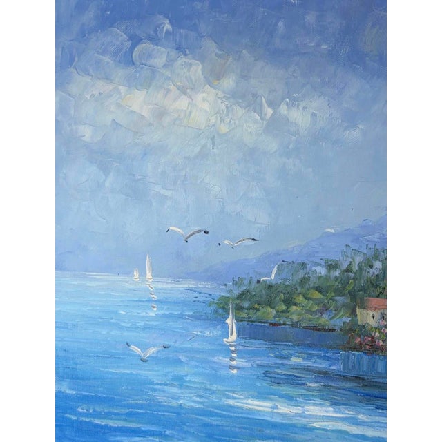 Impressionist Large Mid-Century Style Mediterranean Coastal Village Framed Oil Painting - Signed "Linda" For Sale - Image 3 of 9
