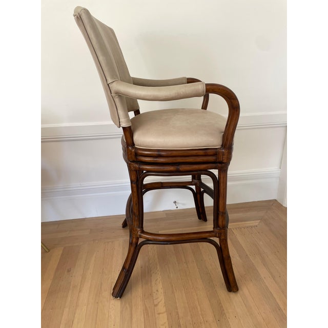 Safari Late 20th Century Palecek Rattan & Leather Swivel Bar Stool | Bay Area Trade Brand For Sale - Image 3 of 5