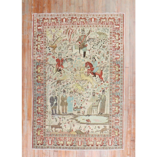 Folk Art Early 20th Century Persian Tabriz Hunting Animal Pictorial Scatter Rug - 4'6" x 6' For Sale - Image 3 of 10