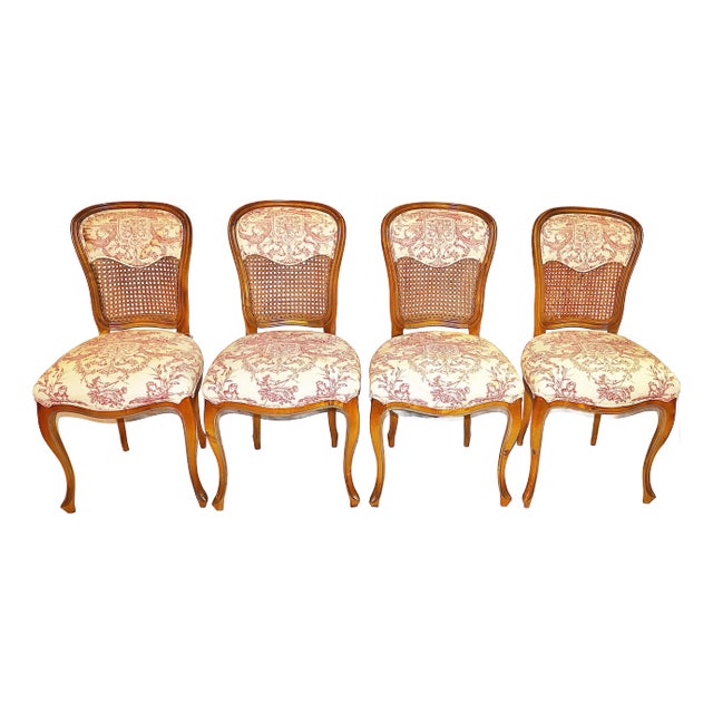 1920s French Balloon Back Caned Toile Dining Chairs- Set of 4 For Sale