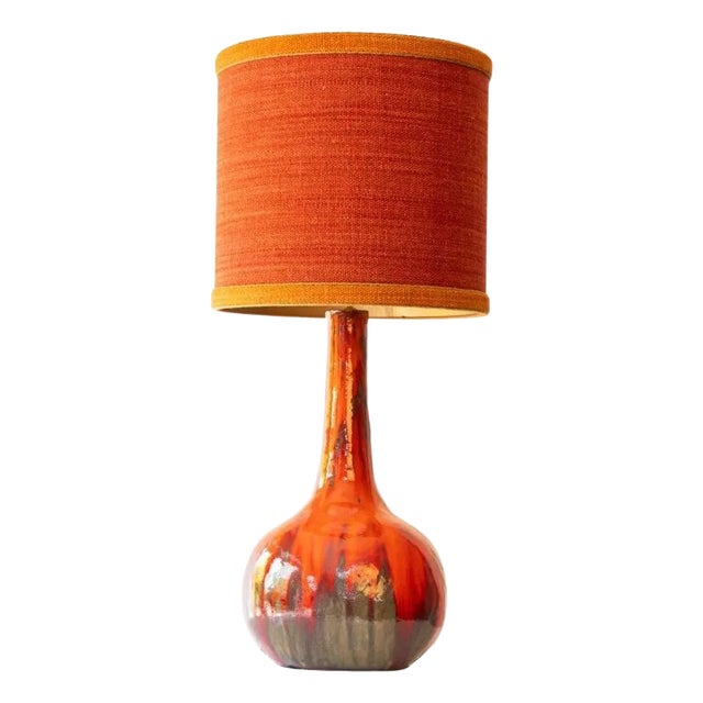 Red Brown Ceramic Floor Table Lamp with Lampshade attributed to R. Houben, 1970s For Sale