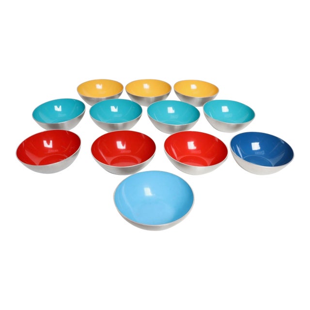 Set of Twelve Small Danish Modern Enamel and Brushed Aluminum Snack Bowls For Sale