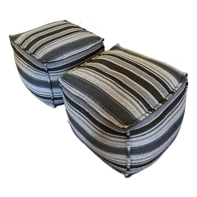 Cube Shaped Striped Upholstered Poufs For Sale