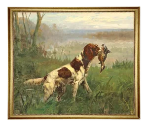 "Setter and a Ruddy Duck" Contemporary Reproduction Print on Canvas in Antiqued Gold Frame. Framed to 27-1/2" X 33-1/2".