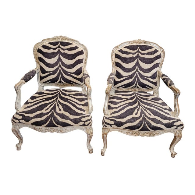 Pair of armchairs, carved and polychromed wood, zebra print upholstery, louis xv, circa 1790 – france spectacular pair of...