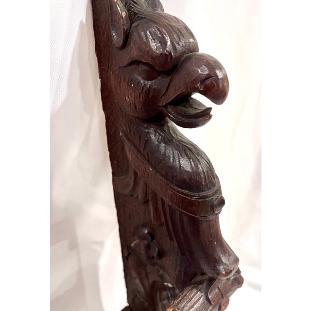 Antique Late 1800s Belgian Carved Oak Plate Rack – Griffin 55" Wall Shelf For Sale - Image 9 of 18