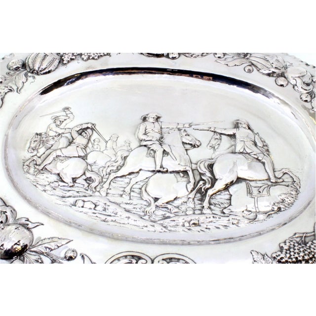 Relief Silver Wall Tray with Scene of Knights in Combat, Reliefs, Monogram Plaque and Wavy Edge For Sale - Image 9 of 11