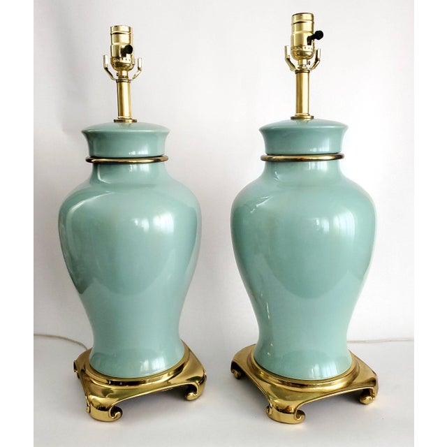 Lamps Pair Turquoise Porcelain & Brass Ginger Jar Shape For Sale - Image 9 of 12