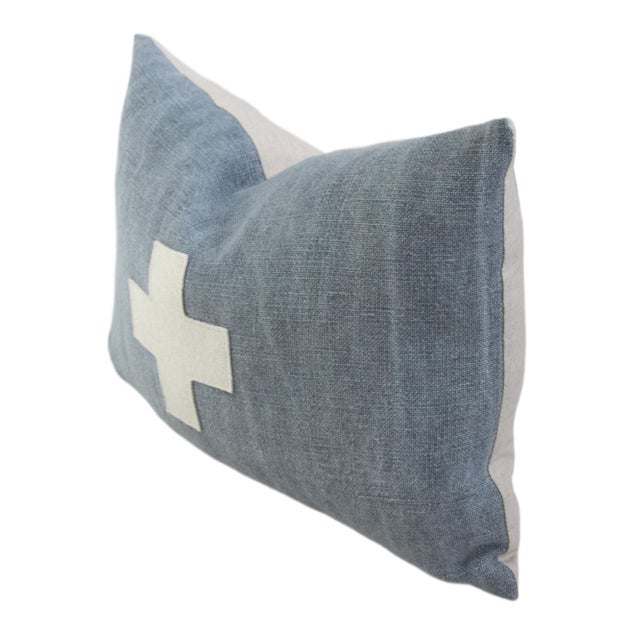 French Blue and Cream Appliqué Cross Wool & Linen Feather/Down Pillow For Sale - Image 4 of 6
