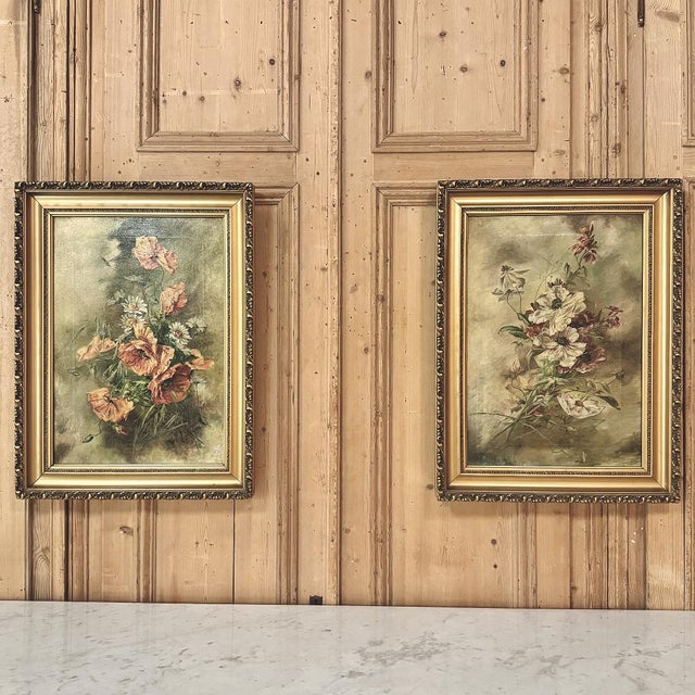 Pair of Antique French Framed Oils on Canvas by J. Peerlinck, Dated 1921. Though little documented history accompanies the...