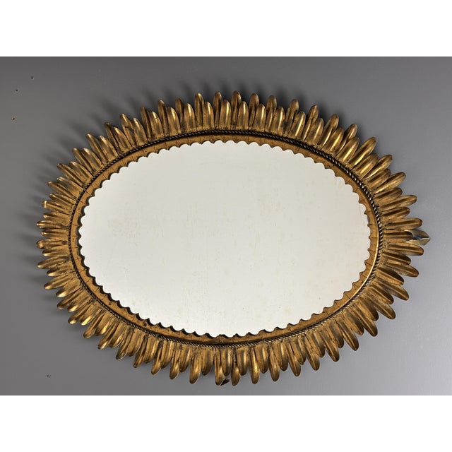 Mid-Century Modern Mid-Century Hollywood Regency Spanish Gilt Metal Sunburst Mirror, 1950s For Sale - Image 3 of 18