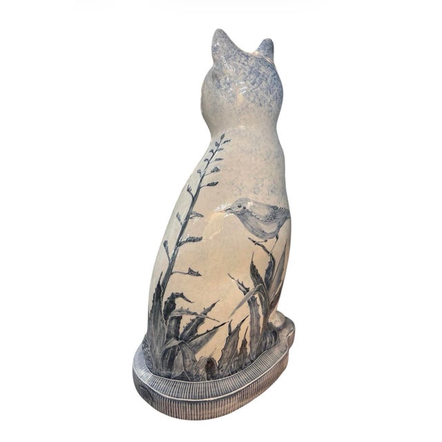 2000 - 2009 Vintage African Hand-Painted Blue and White Ceramic Cat Figurine For Sale - Image 5 of 9