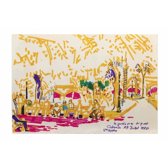 Le Jardin Près du Port de Catania is a Watercolour and Color Marker Drawing realized by Reynold Arnould (Le Havre 1919 -...