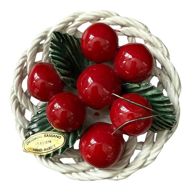 Vintage Bassano Italy Ceramic Cherry Basket, Hand-Painted Italian Fruit, Signed For Sale
